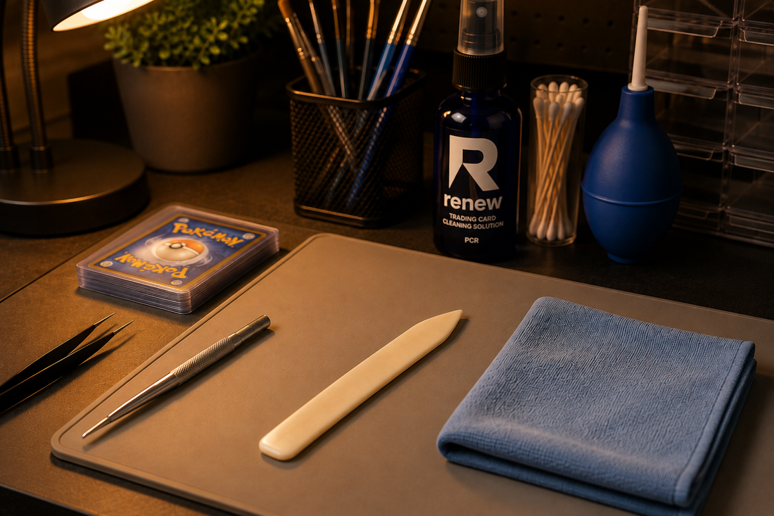 The bench: Renew, brushes, tweezers, a bone folder and a microfiber cloth laid out on a desk mat.